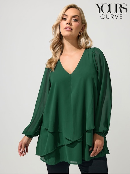 Green - Yours Curve Layered V-neck Long Sleeve Blouse