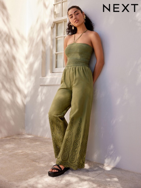 Khaki Green Shirred Bandeau Broderie Jumpsuit (579592) | €22.50
