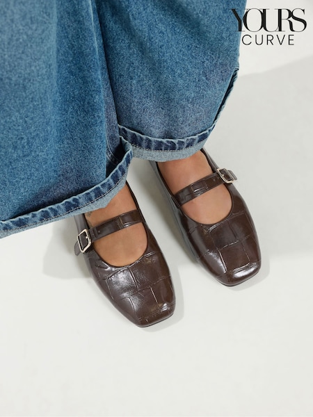 Brown Croc Print - Yours Curve Buckle Detail Mary Jane Flats