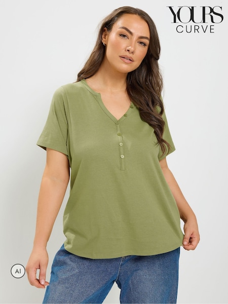 Πράσινο - Yours Curve Short Sleeve Henley Button T-shirt