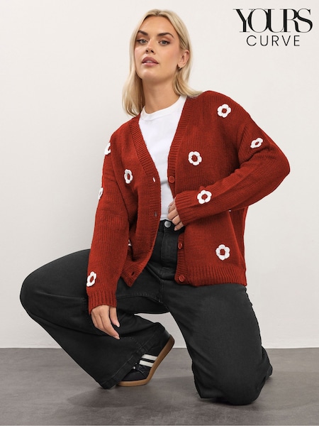 Red - Yours Curve Applique Flower Cardigan