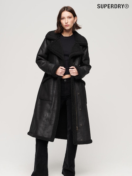 Superdry Black 100% Cotton Faux Shearling Longline Coat (580495) | €95 - €128