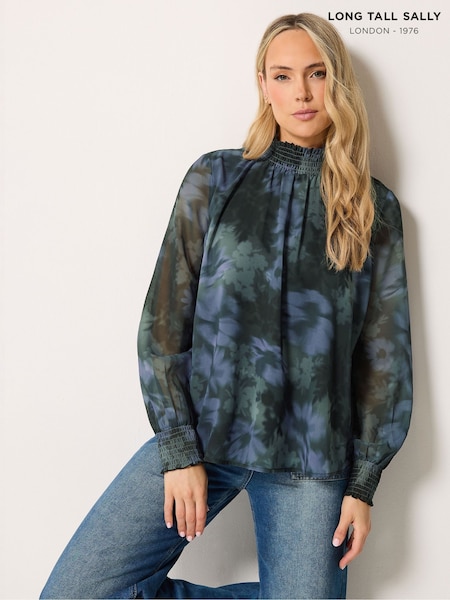 Blue - Long Tall Sally Floral Shirred High Neck Blouse
