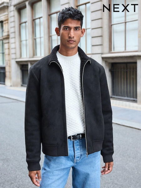 Black Faux Suede Borg Lined Zip Up Funnel Jacket (581022) | €40
