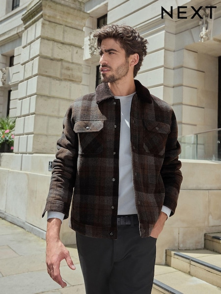 Brown Wool Rich Checked Borg Collared Jacket (581051) | €56