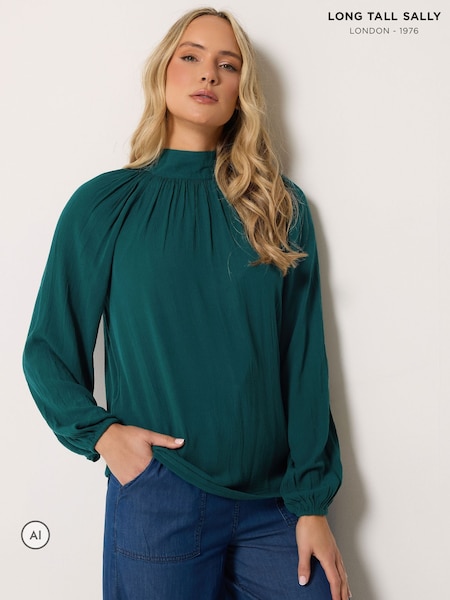 Groen - Long Tall Sally blouse met strik bij de hals, gemaakt van kreukelkatoen