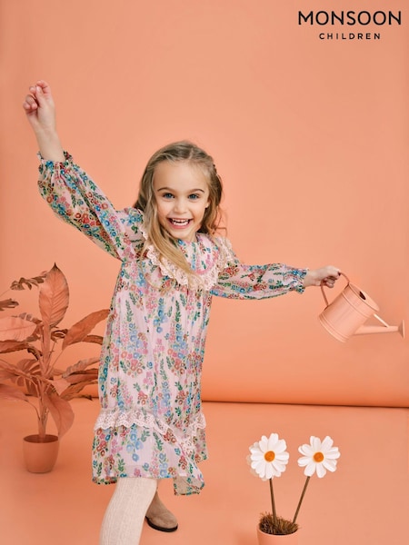 Monsoon Pink Floral Stripe Long Sleeve Dress (581421) | €20 - €23