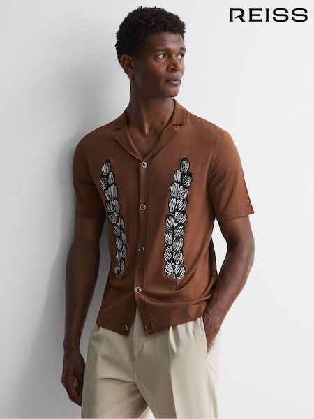 Reiss Tobacco Script Embroidered Cuban Collar Button Through T-Shirt (581422) | 941 QAR