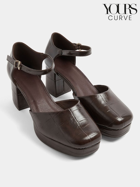 Brown - Yours Curve Croc Faux Leather Platform Block Heels In Extra Wide Fit
