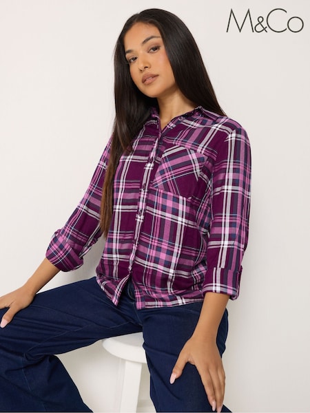 סגול - M&co Petite Button Check Shirt