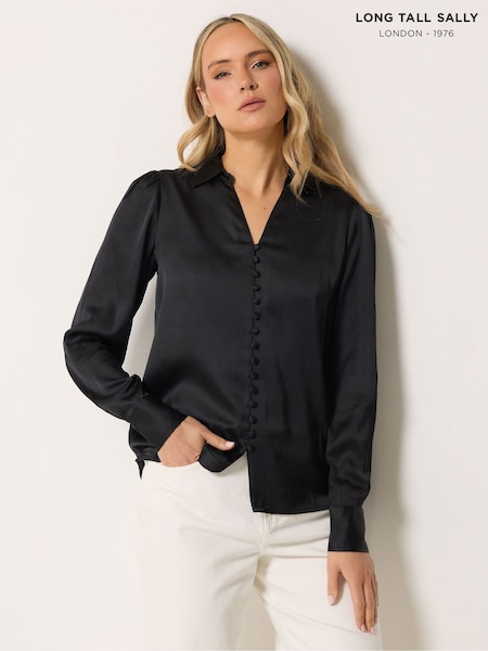 Preto - Long Tall Sally Blusa com gola de cetim