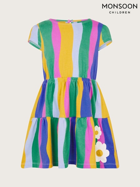 Monsoon Pink 100% Cotton Wavy Stripe Tiered Dress (581631) | AED89 - AED106
