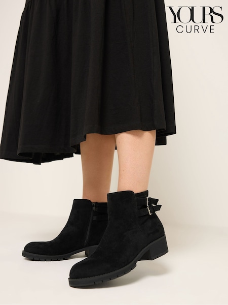 Black Suede - Yours Curve Double Buckle Faux Leather Chelsea Boots