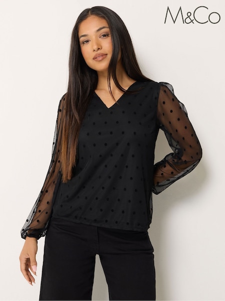 Black - M&co Petite Spot Long Sleeve Mesh Top