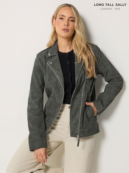 Grey - Long Tall Sally Premium Suede Biker Jacket