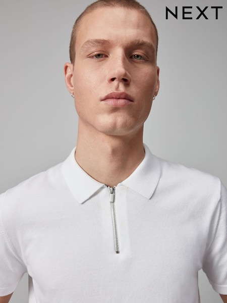 White Knitted Regular Fit Zip Polo Shirt (582516) | AED52