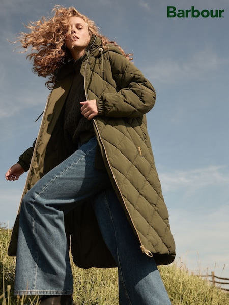 Barbour® Green Kirkton Longline 100% Cotton Diamond Quilt Puffer Coat (582746) | ₪1,614