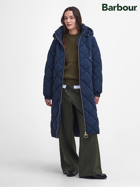 Barbour® Navy Kirkton Longline 100% Cotton Diamond Quilt Puffer Coat (582753) | €210