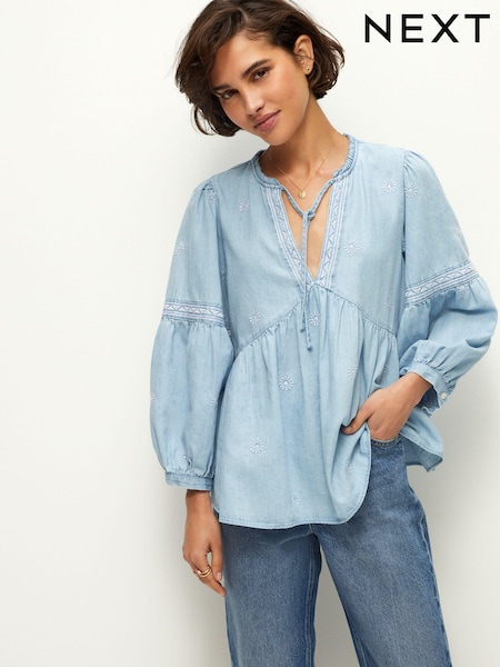 Blau - Embroidered Tie Neck Blouse (582803) | 30 €