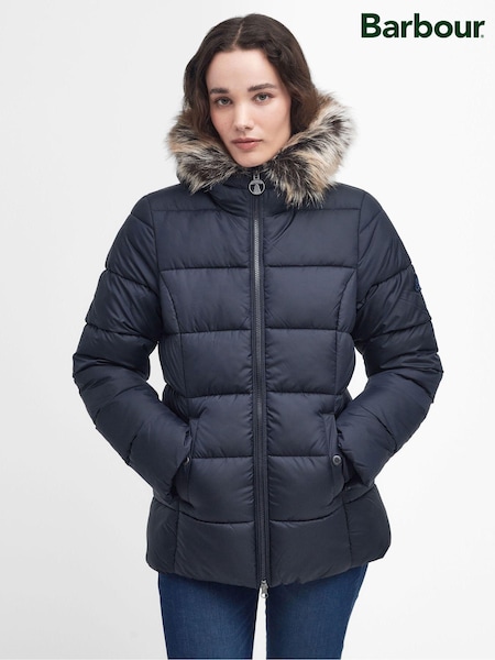 Barbour® Navy 100% Cotton Midhurst Baffle Quilt Faux Fur Trim Hood Coat (583474) | €119