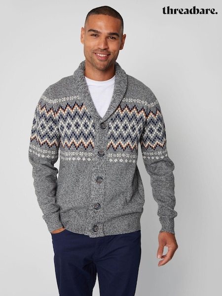 رمادي - Threadbare Fairisle Pattern Shawl Collar Knitted Cardigan (584840) | ‏16 ر.ع.‏