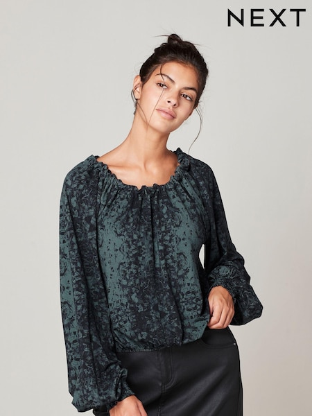С синим рисунком - Long Sleeve Tie Back Bubblehem Top (584880) | €3