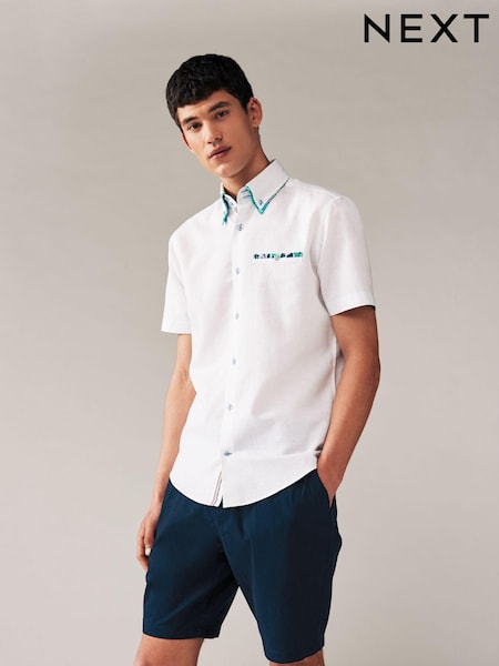 White Double Collar Regular Fit Trimmed Linen Blend Short Sleeve Shirt (585539) | €21