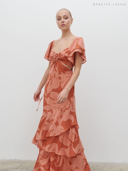 Pretty Lavish Dusky Rose Abstract Palm Print Florence Cut Out Maxi Dress (585593) | €54