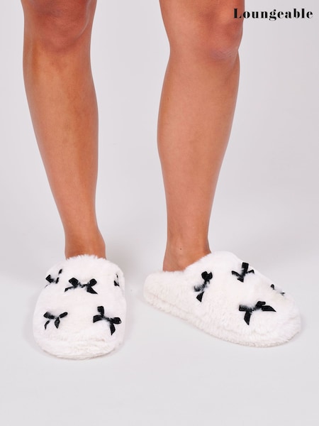 Biały - Loungeable Faux Fur Velvet Bow Slippers