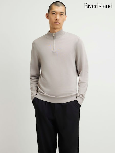 Natural - Regular River Island Slim Fit Half Zip Sweater