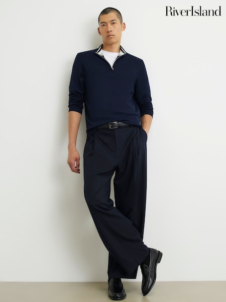 Navy Blue - Regular River Island Slim Fit Half Zip Sweater