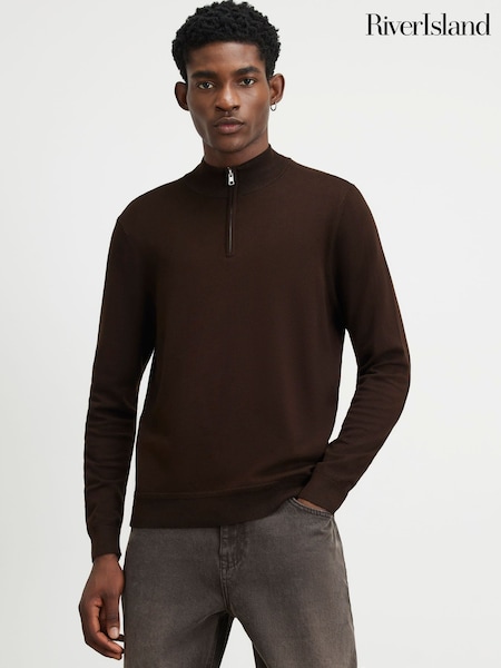Brown - Regular River Island Slim Fit Half Zip Sweater