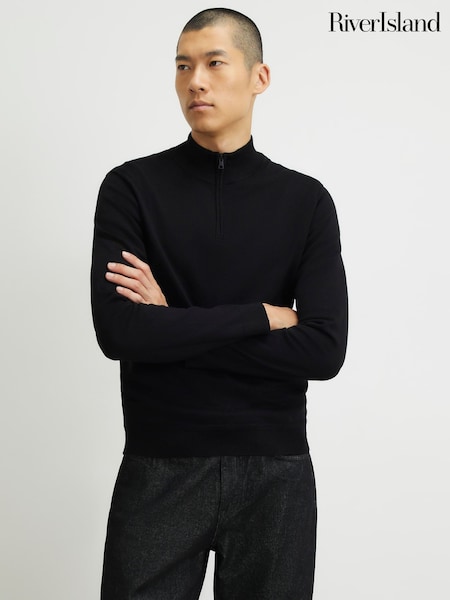 Black - Regular River Island Slim Fit Half Zip Sweater