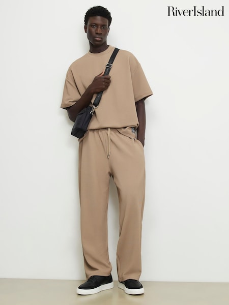 Natural - Regular River Island Wide Leg Waffle Joggers