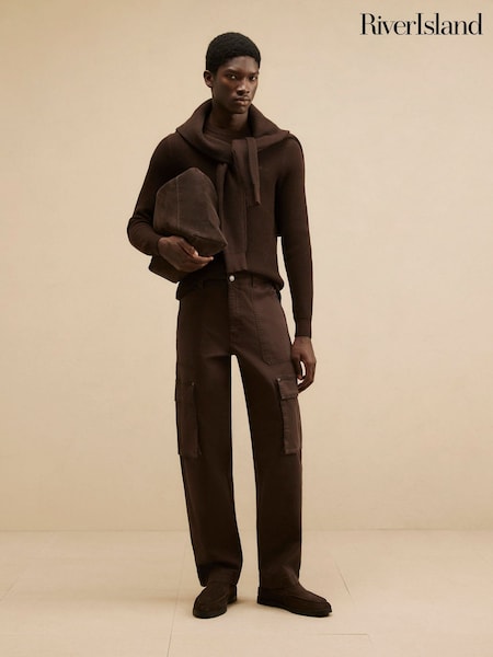 Brown - Regular River Island Loose Fit Cargo Trousers