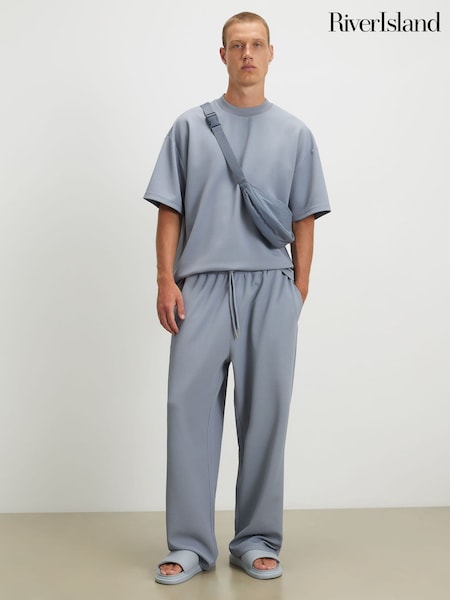 Blue - Regular River Island Wide Leg Waffle Joggers