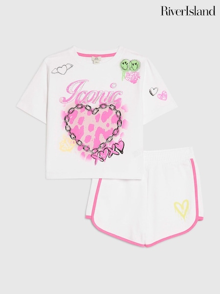 Ağ - River Island Neon Graffiti Top və Şort Dəsti