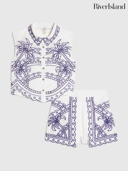 Puti/Asul - Set ng mga Shirt at Short na Gupit sa Palm ng River Island