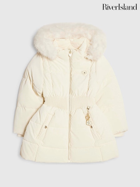 Cream - River Island Faux Fur Velour School Puffer Coat