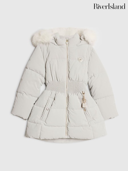 Grey - River Island Faux Fur Velour School Puffer Coat