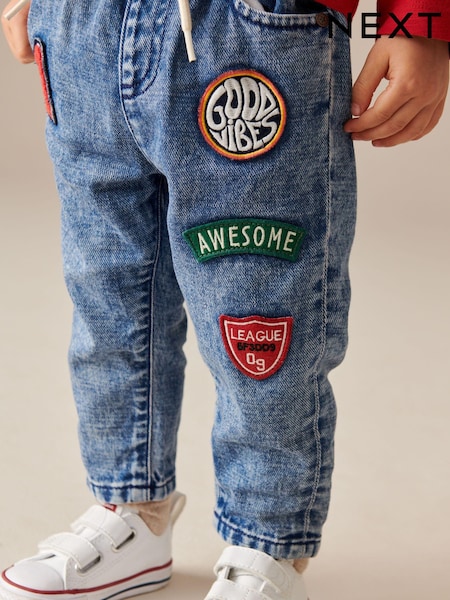 Blue Denim Pull On Badged 100% Cotton Jeans (3mths-7yrs) (587475) | AED53 - AED60