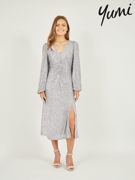 Yumi Silver Sequin Ruched Front Long Sleeve Midi Dress (587836) | 173 QAR