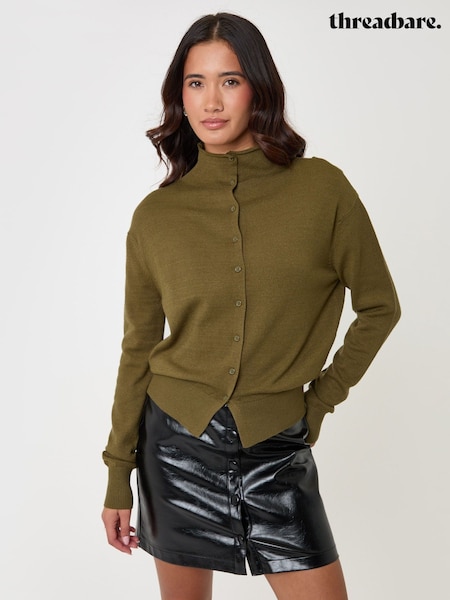 Green - Threadbare Compact Knit Funnel Neck Cardigan