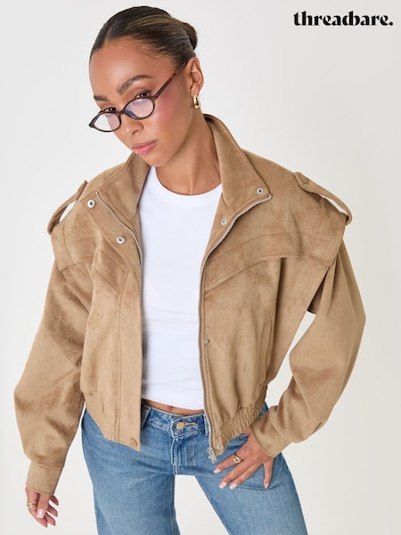 Brown - Threadbare Faux Suede Cape Shoulder Bomber Jacket