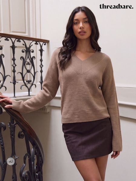 Light Brown - Threadbare Deep Rib V-neck Jumper