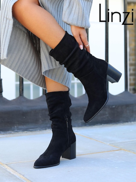 Negro - Linzi Wisteria Western Style Ruched Ankle Boots With Leather Stacked Heel (590162) | 68 €