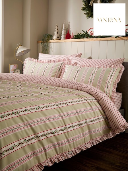 Vantona Christmas Ditsy Rows Frilled Duvet Cover And Pillowcase Set