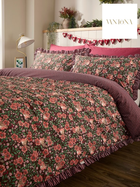 Vantona Christmas Robins Frilled Duvet Cover And Pillowcase Set