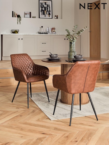 Set of 2 Faux Leather Tan Brown Hamilton Black Leg Quilted Dining Chairs (590563) | €380