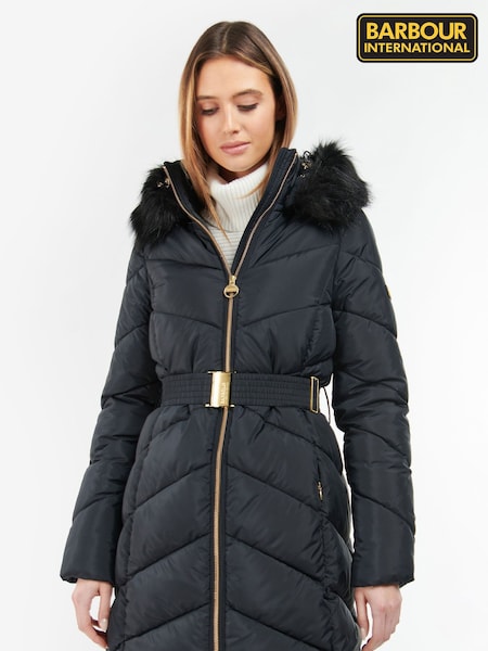 Barbour® International East Moor Longline Chevron Quilt Black Jacket (591169) | ₪1,403